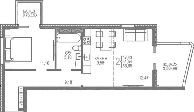 Планировка — Розовое Озеро, 2-комн., 52 м²