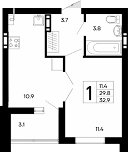 Планировка — Утесов, 1-комн., 30 м²
