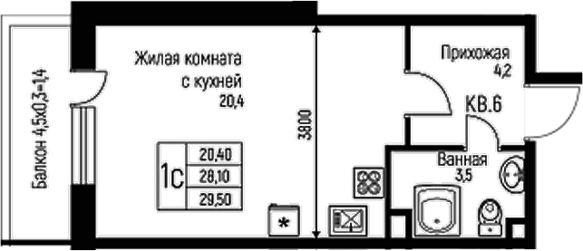 Планировка — Nova Vita, Студия, 28 м²