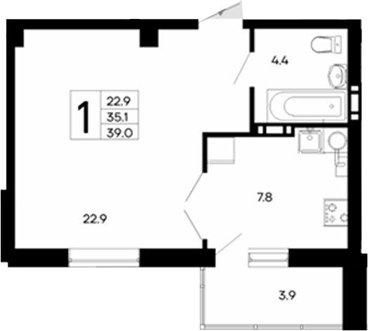 Планировка — Утесов, 1-комн., 35 м²