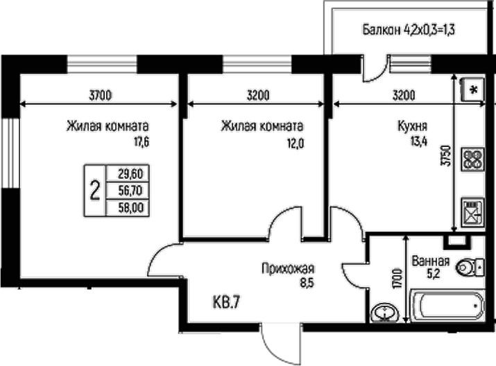 Планировка — Nova Vita, 2-комн., 57 м²