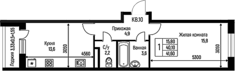 Планировка — Nova Vita, 1-комн., 40 м²