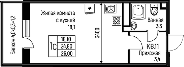 Планировка — Nova Vita, Студия, 25 м²
