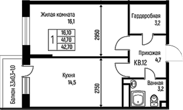 Планировка — Nova Vita, 1-комн., 42 м²