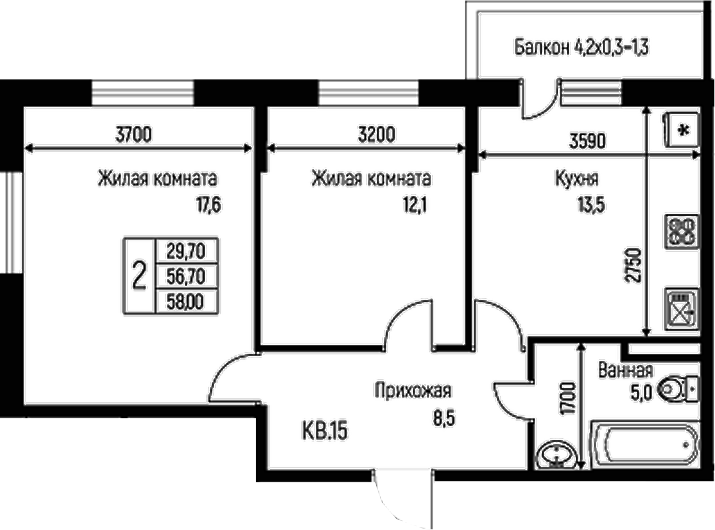 Планировка — Nova Vita, 2-комн., 57 м²