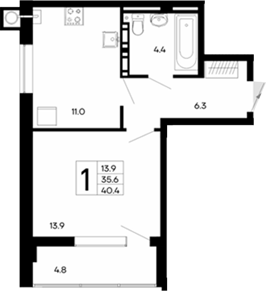 Планировка — Утесов, 1-комн., 36 м²