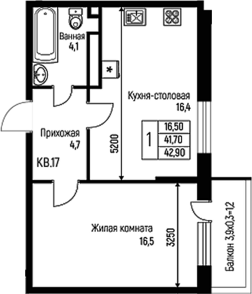Планировка — Nova Vita, 2-комн., 42 м²