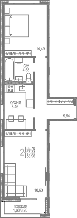 Планировка — Розовое Озеро, 2-комн., 57 м²