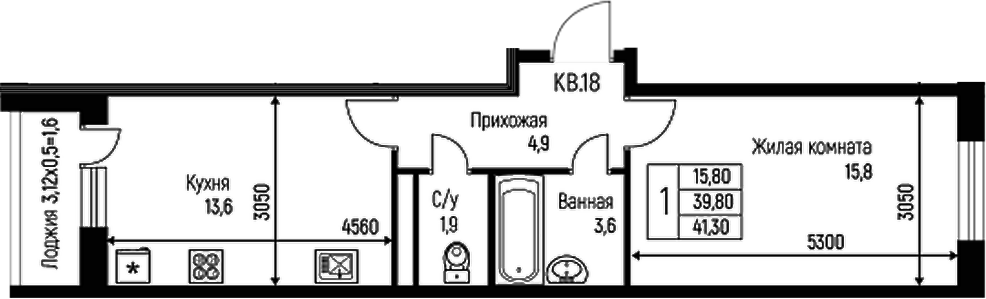 Планировка — Nova Vita, 1-комн., 40 м²