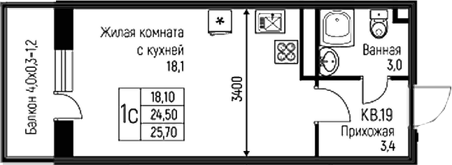 Планировка — Nova Vita, Студия, 25 м²