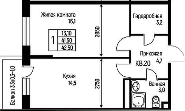 Планировка — Nova Vita, 1-комн., 42 м²