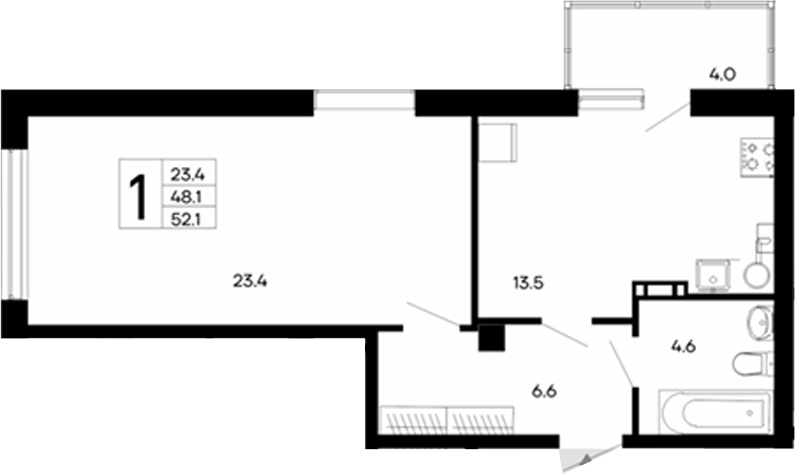 Планировка — Утесов, 1-комн., 48 м²
