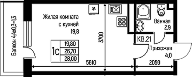 Планировка — Nova Vita, Студия, 27 м²