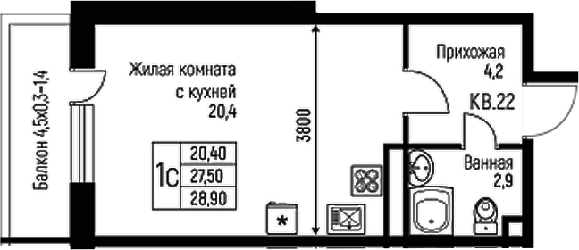 Планировка — Nova Vita, Студия, 28 м²