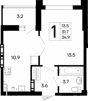 Планировка — Утесов, 1-комн., 32 м²