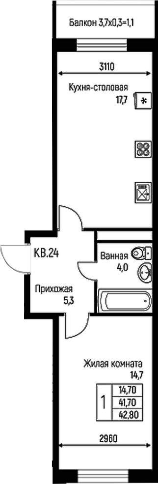 Планировка — Nova Vita, 2-комн., 42 м²