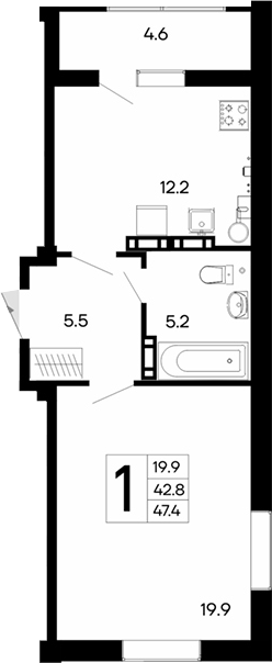 Планировка — Утесов, 1-комн., 43 м²