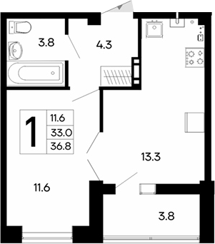 Планировка — Утесов, 1-комн., 33 м²