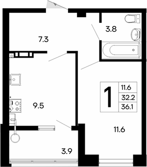 Планировка — Утесов, 1-комн., 32 м²