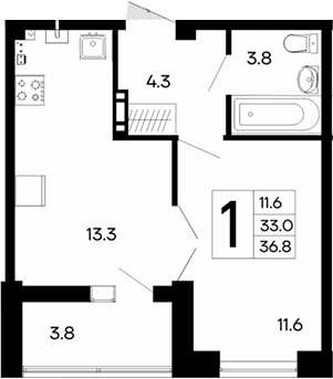 Планировка — Утесов, 1-комн., 33 м²