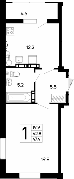 Планировка — Утесов, 1-комн., 43 м²
