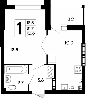 Планировка — Утесов, 1-комн., 32 м²