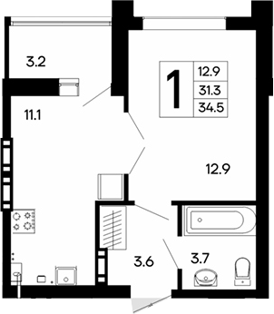 Планировка — Утесов, 1-комн., 31 м²
