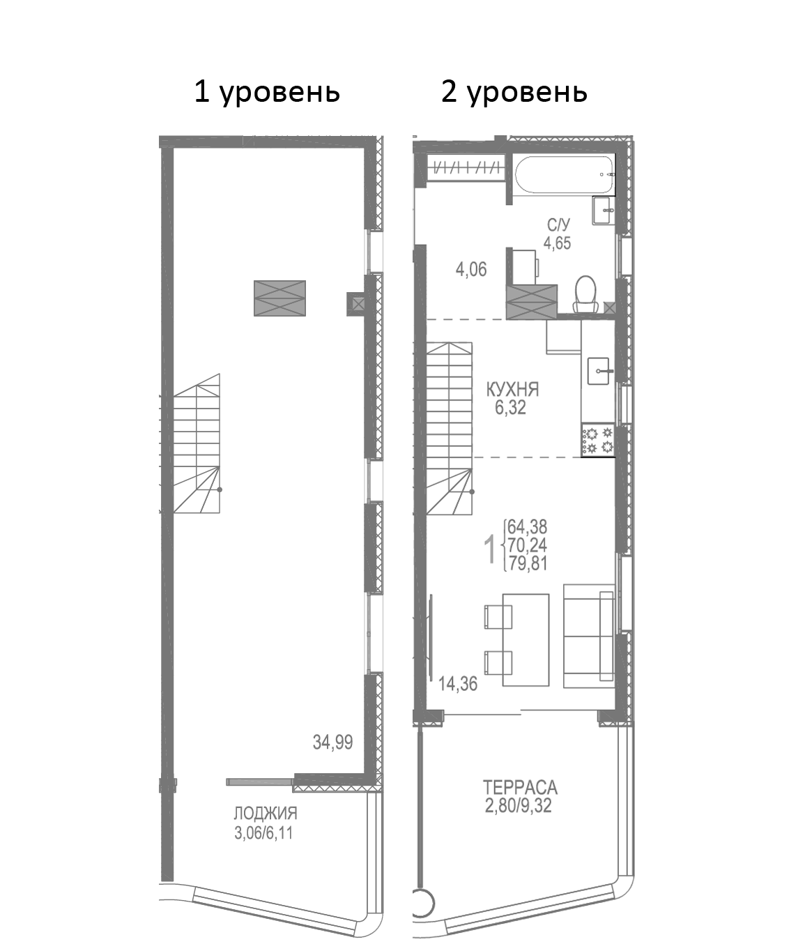 Планировка — Розовое Озеро, 1-комн., 74 м²