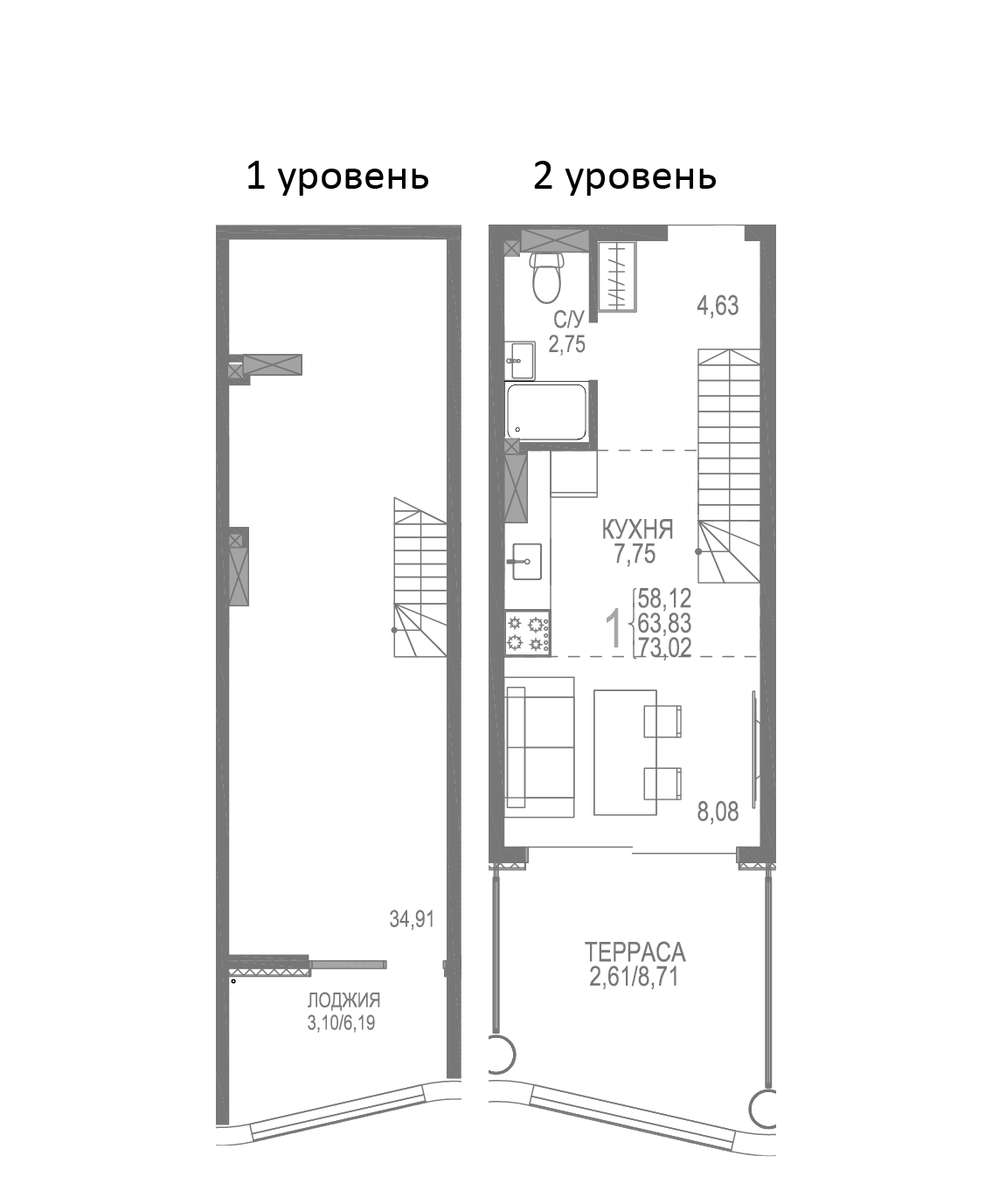 Планировка — Розовое Озеро, 1-комн., 67 м²