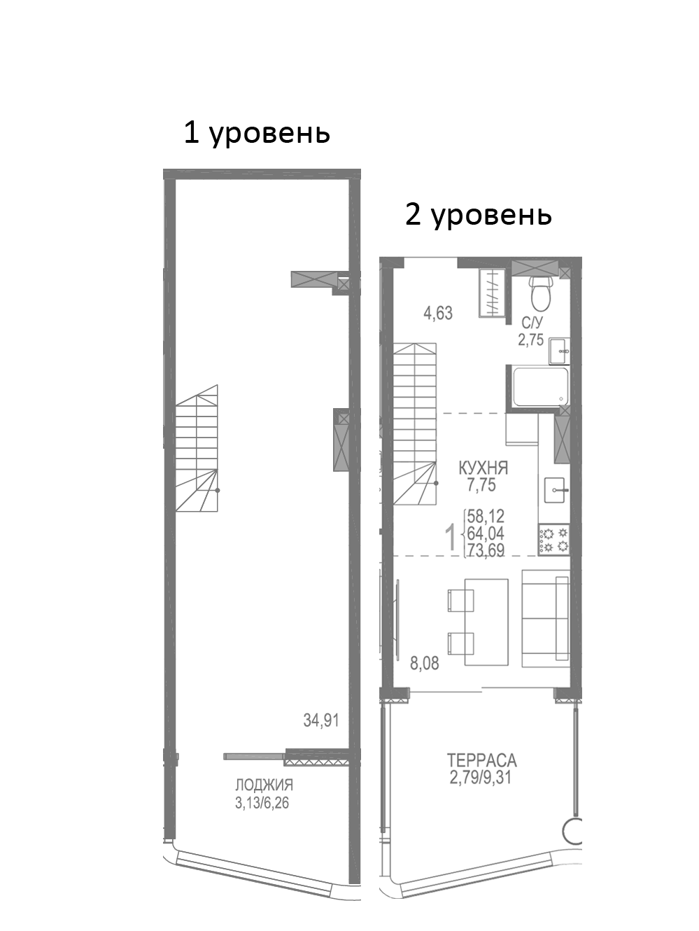 Планировка — Розовое Озеро, 1-комн., 68 м²