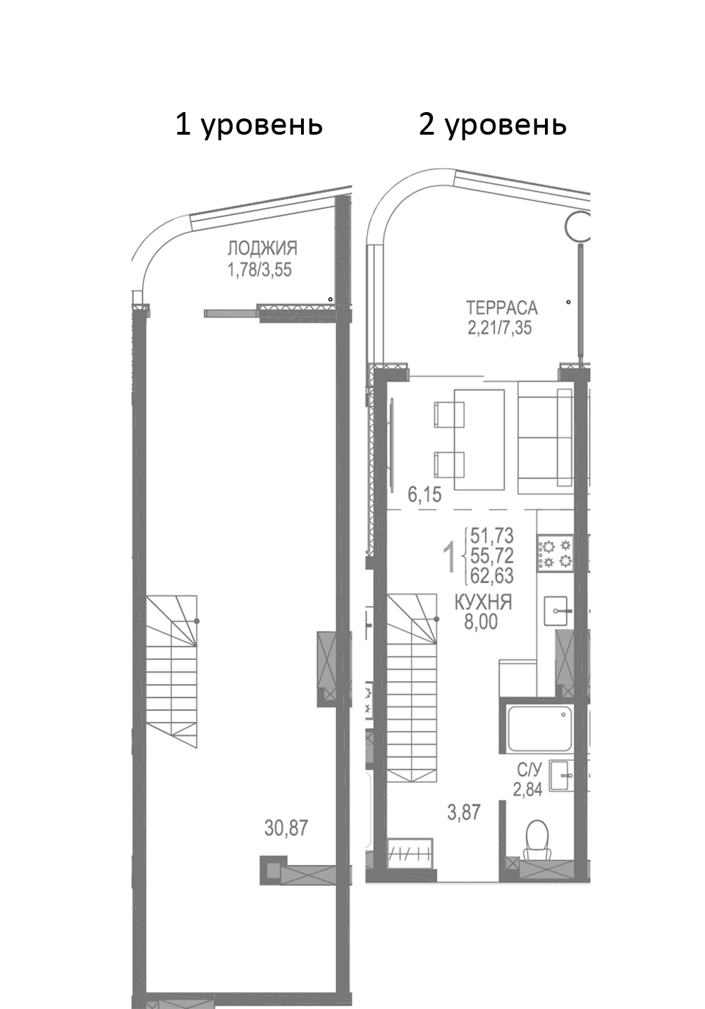 Планировка — Розовое Озеро, 1-комн., 59 м²