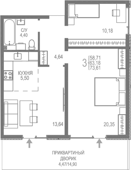 Планировка — Розовое Озеро, 3-комн., 69 м²