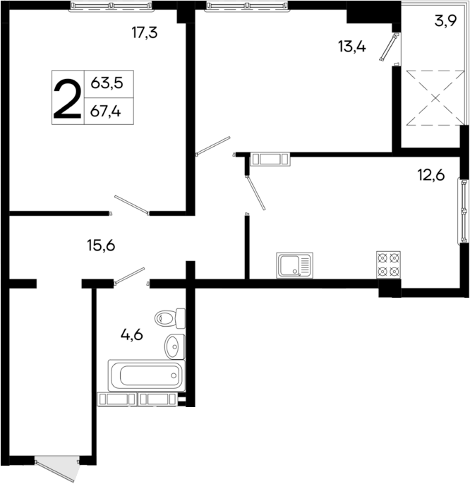 Планировка — Поэма, 2-комн., 64 м²