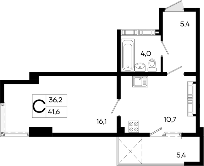 Планировка — Поэма, 1-комн., 36 м²