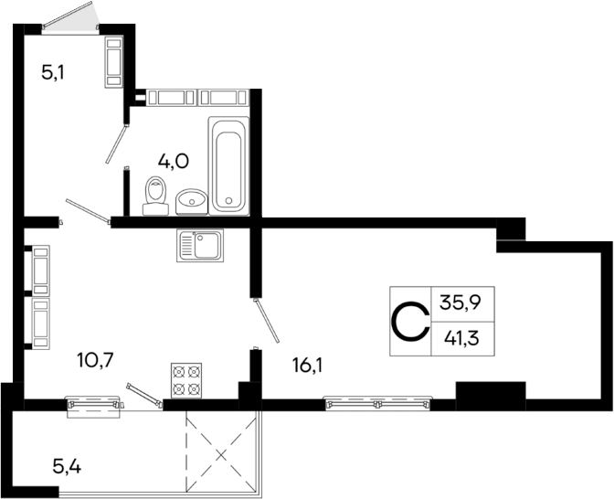 Планировка — Поэма, 1-комн., 36 м²