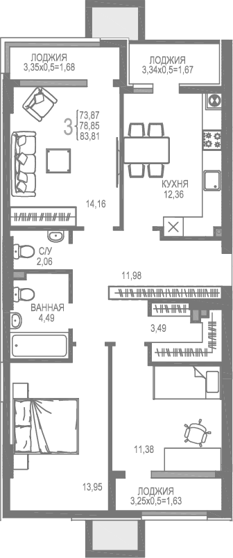 Планировка — На Фонтанке, 3-комн., 74 м²
