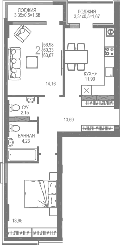 Планировка — На Фонтанке, 2-комн., 57 м²