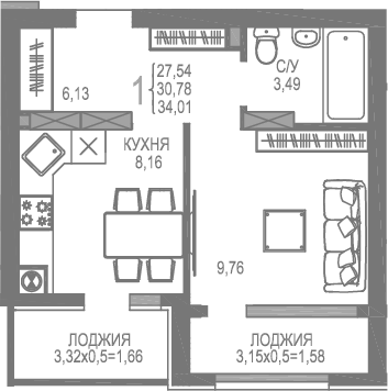 Планировка — На Фонтанке, 1-комн., 28 м²