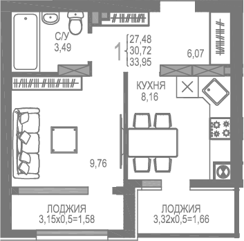 Планировка — На Фонтанке, 1-комн., 27 м²