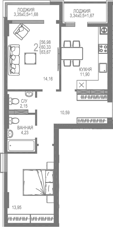 Планировка — На Фонтанке, 2-комн., 57 м²