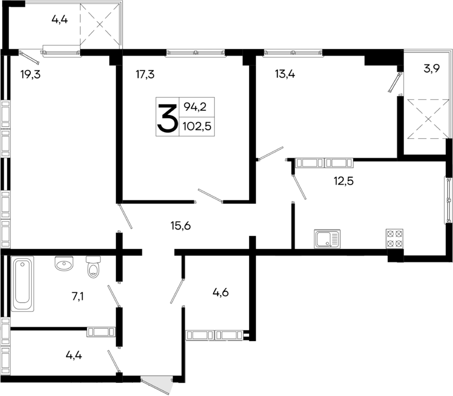 Планировка — Поэма, 3-комн., 94 м²