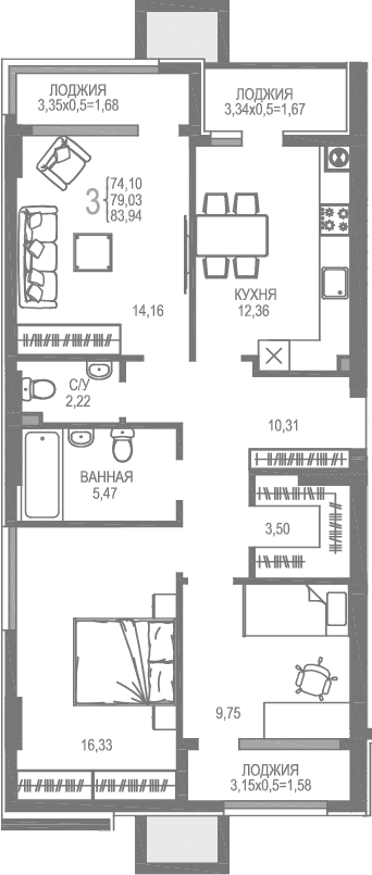 Планировка — На Фонтанке, 3-комн., 74 м²