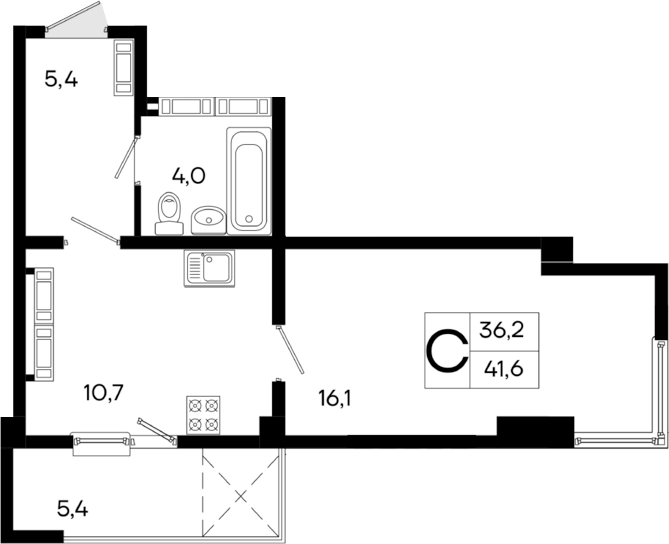 Планировка — Поэма, 1-комн., 36 м²