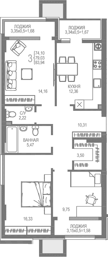 Планировка — На Фонтанке, 3-комн., 74 м²