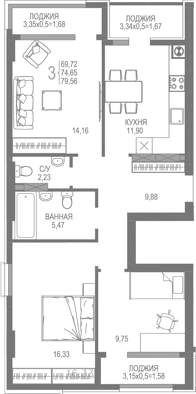 Планировка — На Фонтанке, 3-комн., 70 м²
