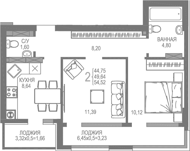 Планировка — На Фонтанке, 2-комн., 45 м²
