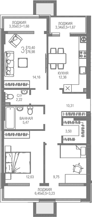 Планировка — На Фонтанке, 3-комн., 70 м²
