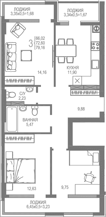 Планировка — На Фонтанке, 3-комн., 66 м²