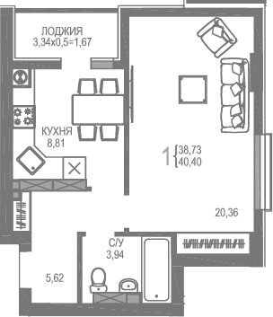 Планировка — На Фонтанке, 1-комн., 39 м²