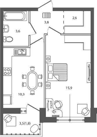 Планировка — Сиреневый бульвар, 1-комн., 36 м²